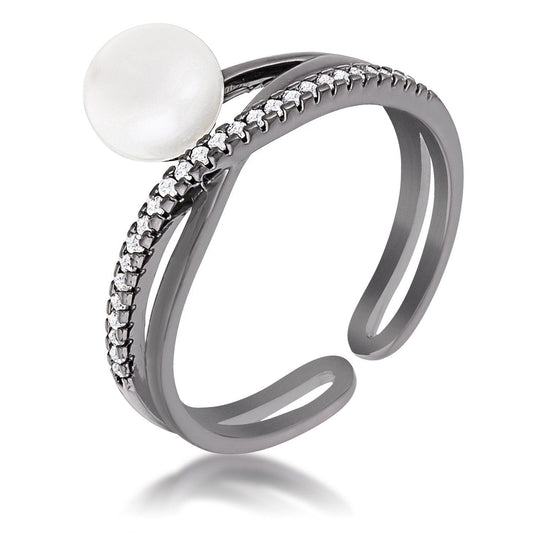 Hematite Pearl Ribbon Bypass Half Pave Ring freeshipping - Higher Class Elegance