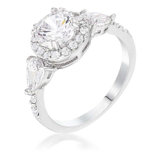 Rhodium Plated 3-Stone Clear CZ Round Halo Pear Engagement Ring - Higher Class Elegance