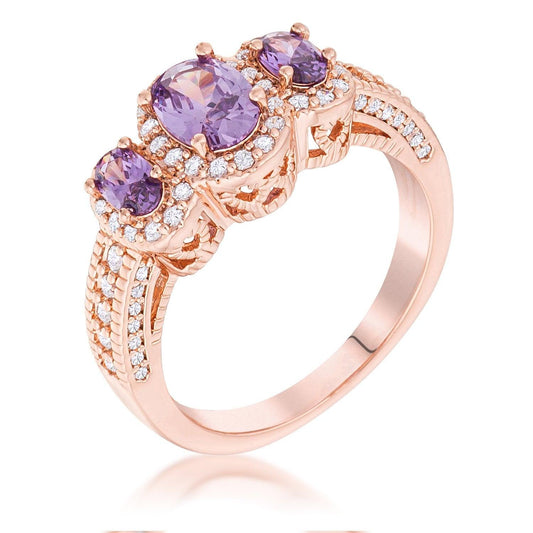 Rose Gold Plated 3-Stone Amethyst Oval Cut CZ Halo Ring freeshipping - Higher Class Elegance