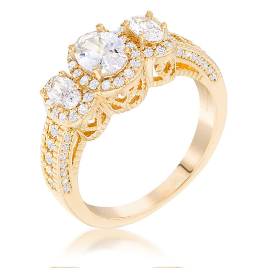 Gold Plated 3-Stone Clear Oval Cut CZ Halo Ring - Higher Class Elegance