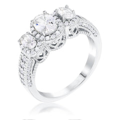 Rhodium Plated 3-Stone Clear Oval Cut CZ Halo Ring - Higher Class Elegance