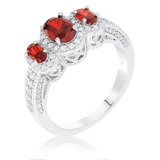 Rhodium Plated 3-Stone Garnet Oval Cut CZ Halo Ring freeshipping - Higher Class Elegance