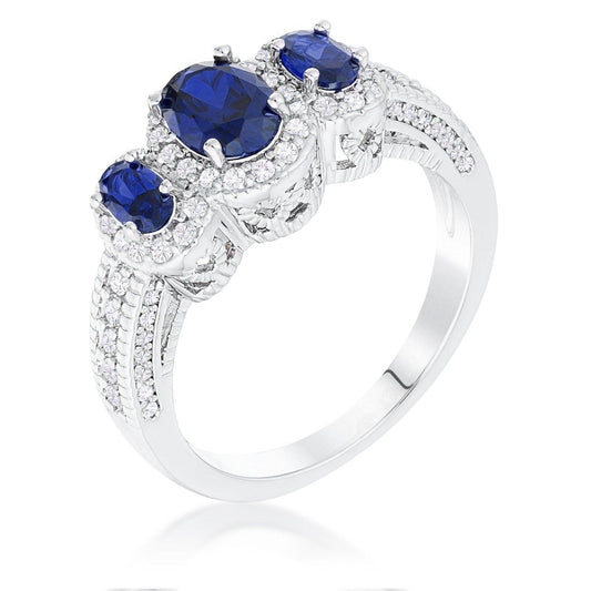 Rhodium Plated 3-Stone Sapphire Blue Oval Cut CZ Halo Ring freeshipping - Higher Class Elegance