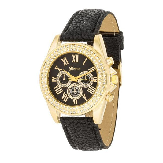Black Leather Watch With Crystals freeshipping - Higher Class Elegance
