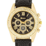 Black Leather Watch With Crystals freeshipping - Higher Class Elegance