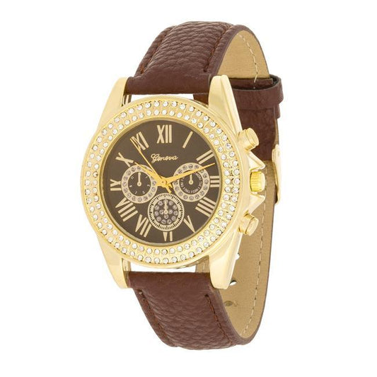 Brown Leather Watch With Crystals freeshipping - Higher Class Elegance