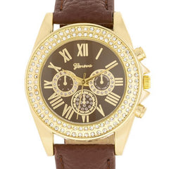 Brown Leather Watch With Crystals freeshipping - Higher Class Elegance