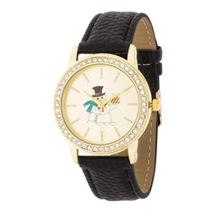 Gold Snowman Crystal Watch With Black Leather Strap freeshipping - Higher Class Elegance