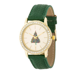 Gold Christmas Crystal Tree Watch With Green Leather Strap freeshipping - Higher Class Elegance
