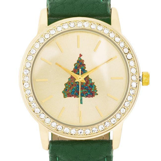 Gold Christmas Crystal Tree Watch With Green Leather Strap freeshipping - Higher Class Elegance