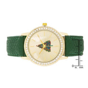 Gold Christmas Crystal Tree Watch With Green Leather Strap freeshipping - Higher Class Elegance