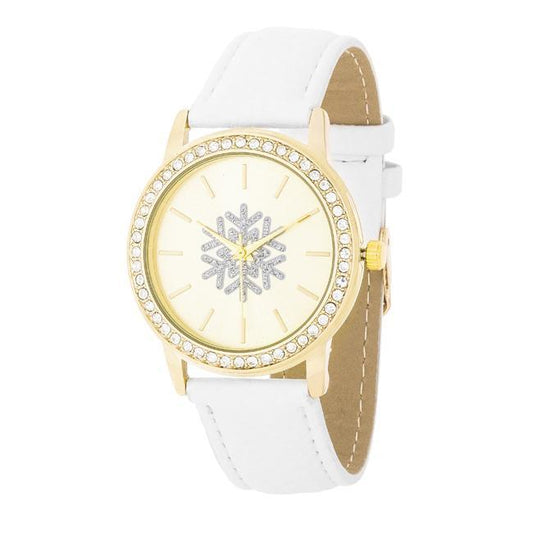 Gold Snowflake Crystal Watch With White Leather Strap freeshipping - Higher Class Elegance