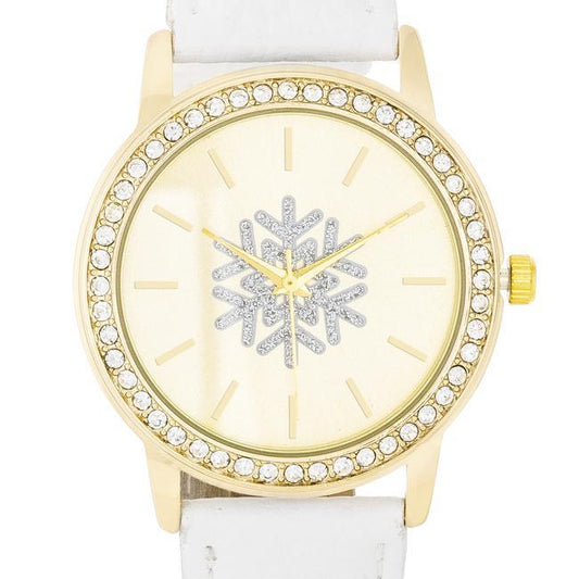 Gold Snowflake Crystal Watch With White Leather Strap freeshipping - Higher Class Elegance