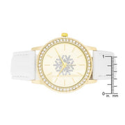 Gold Snowflake Crystal Watch With White Leather Strap freeshipping - Higher Class Elegance