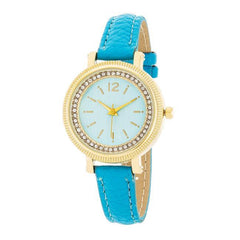 Georgia Gold Crystal Watch With Turquoise Leather Strap freeshipping - Higher Class Elegance