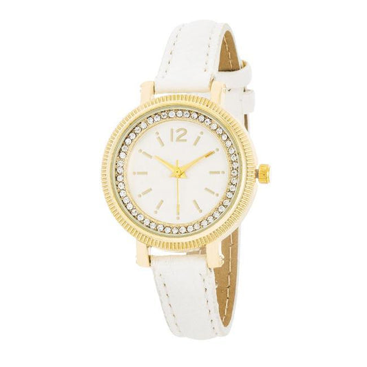 Georgia Gold Crystal Watch With White Leather Strap freeshipping - Higher Class Elegance