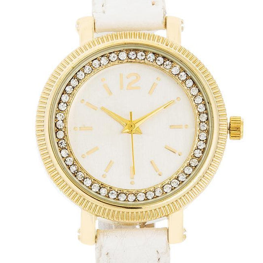 Georgia Gold Crystal Watch With White Leather Strap freeshipping - Higher Class Elegance
