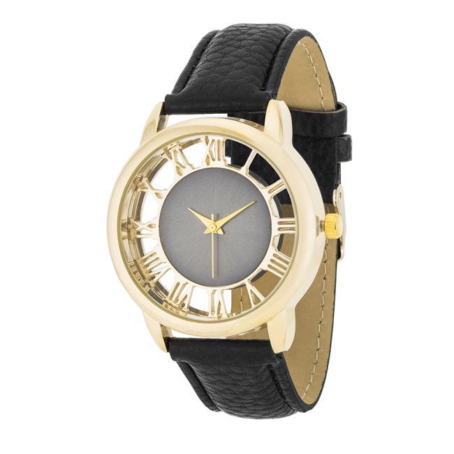 Cecelia Gold Boyfriend Watch With Black Leather Band freeshipping - Higher Class Elegance