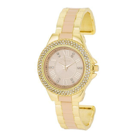 Gold Metal Cuff Watch With Crystals - Beige freeshipping - Higher Class Elegance