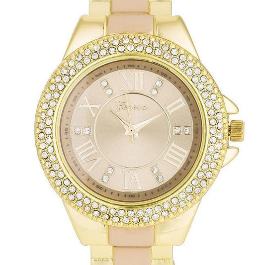 Gold Metal Cuff Watch With Crystals - Beige freeshipping - Higher Class Elegance