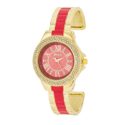 Gold Metal Cuff Watch With Crystals - Coral freeshipping - Higher Class Elegance