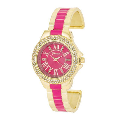 Gold Metal Cuff Watch With Crystals - Pink freeshipping - Higher Class Elegance