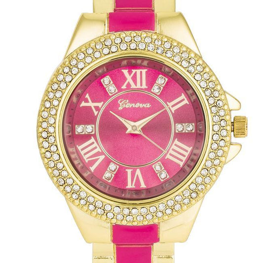 Gold Metal Cuff Watch With Crystals - Pink freeshipping - Higher Class Elegance