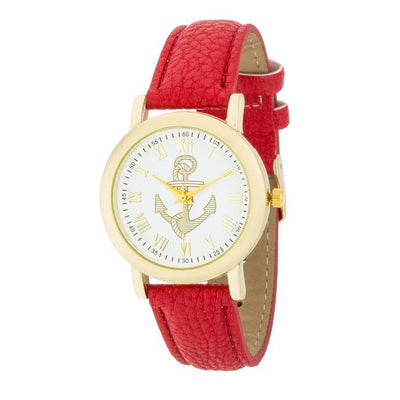 Natalie Gold Nautical Watch With Red Leather Band freeshipping - Higher Class Elegance