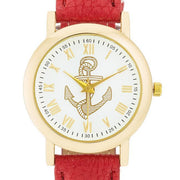 Natalie Gold Nautical Watch With Red Leather Band freeshipping - Higher Class Elegance