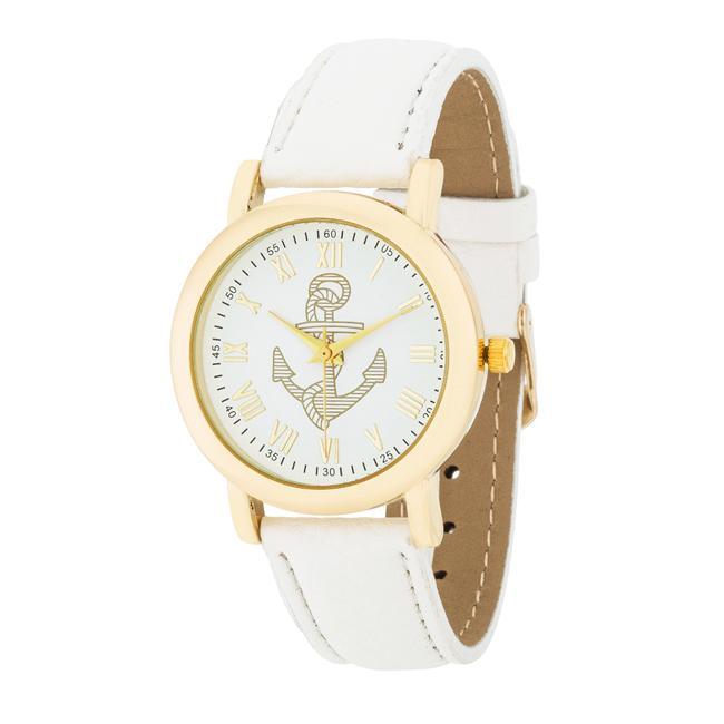 Natalie Gold Nautical Watch With White Leather Band freeshipping - Higher Class Elegance