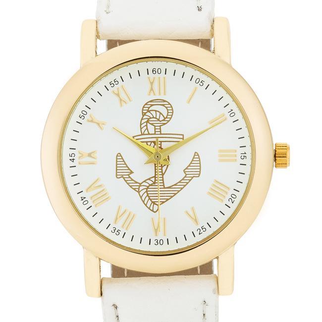 Natalie Gold Nautical Watch With White Leather Band freeshipping - Higher Class Elegance