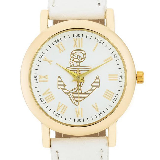 Natalie Gold Nautical Watch With White Leather Band freeshipping - Higher Class Elegance