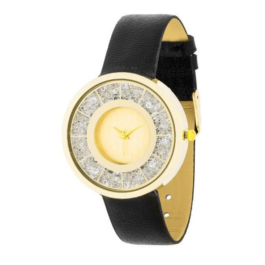 Gold Black Leather Watch With Crystals freeshipping - Higher Class Elegance