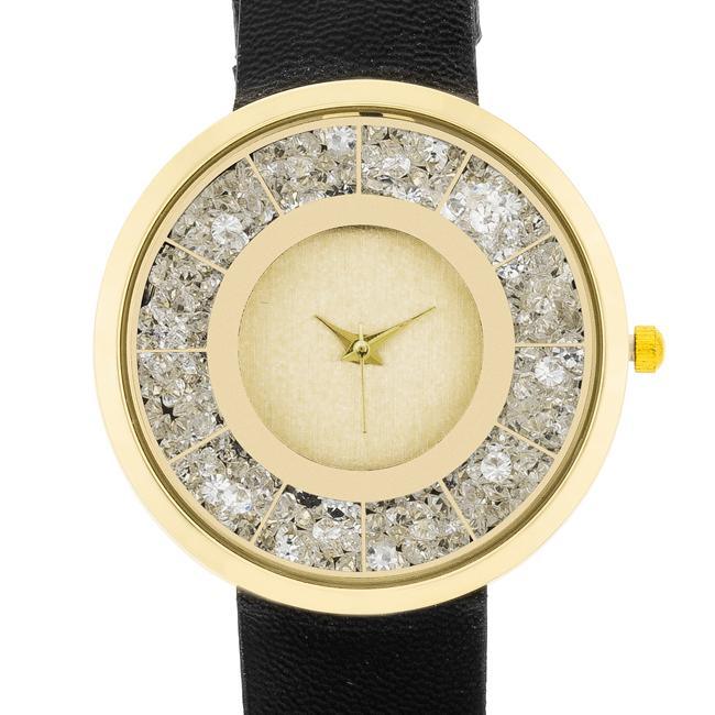 Gold Black Leather Watch With Crystals freeshipping - Higher Class Elegance