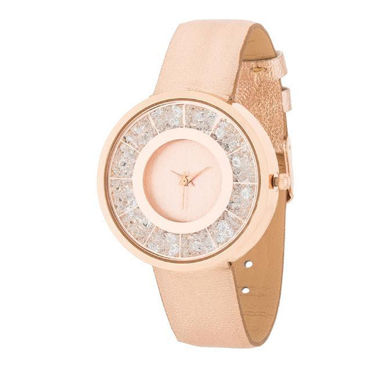 Rose Goldtone Leather Watch With Crystals freeshipping - Higher Class Elegance