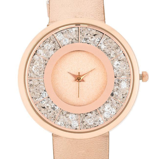 Rose Goldtone Leather Watch With Crystals freeshipping - Higher Class Elegance