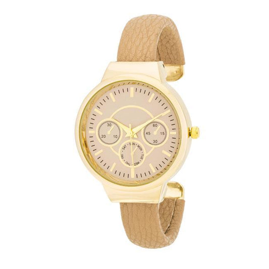 Reyna Gold Beige Leather Cuff Watch freeshipping - Higher Class Elegance