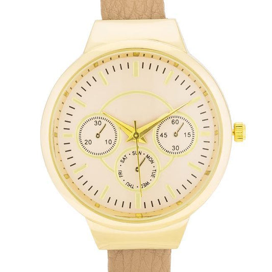 Reyna Gold Beige Leather Cuff Watch freeshipping - Higher Class Elegance