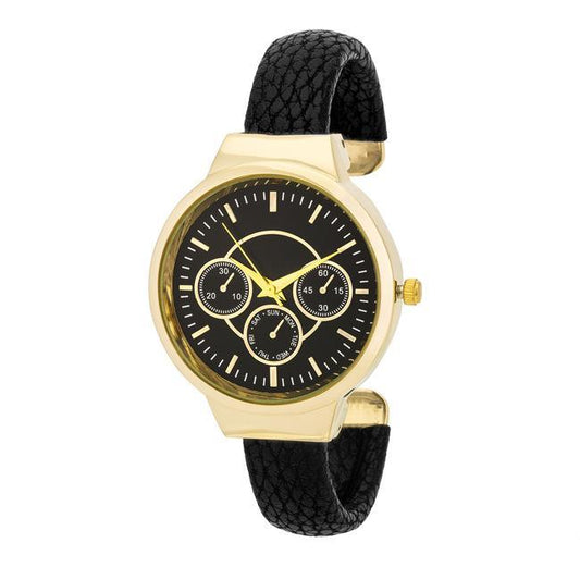 Reyna Gold Black Leather Cuff Watch freeshipping - Higher Class Elegance