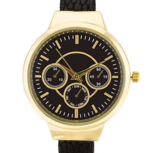 Reyna Gold Black Leather Cuff Watch freeshipping - Higher Class Elegance