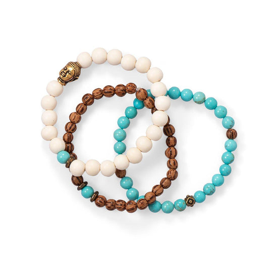 Wood and Magnesite Buddha Stretch Bracelet Set freeshipping - Higher Class Elegance