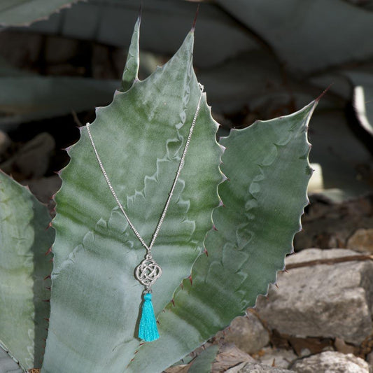Silver Tone Celtic Charm and Aqua Tassel Necklace freeshipping - Higher Class Elegance