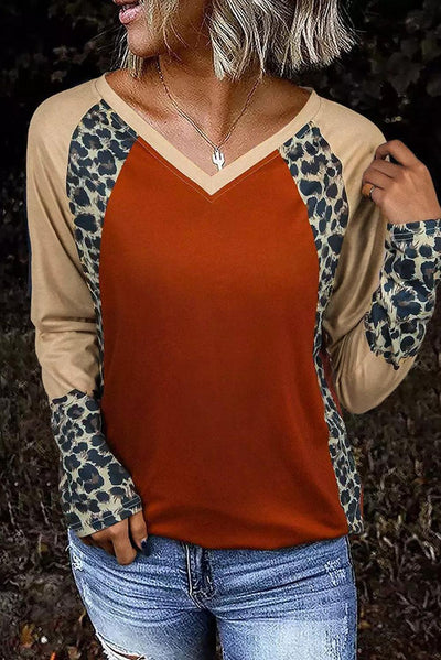 Colorblock Leopard V Neck Long Sleeve Top - Higher Class Elegance