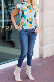 Green Ruffle Cap Sleeve Frill Mock Neck Printed Top - Higher Class Elegance