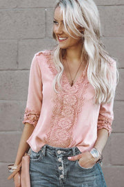 3/4 Sleeves Crochet Detail V Neck Blouse freeshipping - Higher Class Elegance